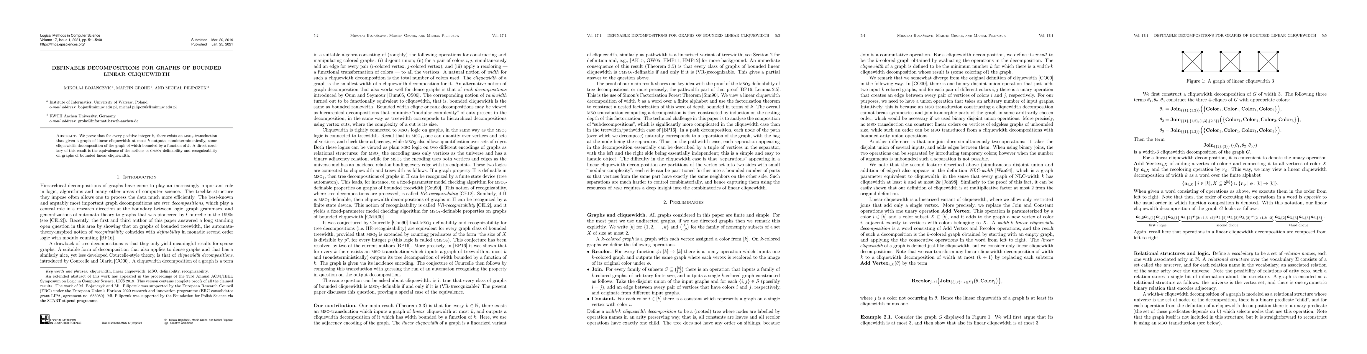 Thumbnail for Definable decompositions for graphs of bounded linear cliquewidth