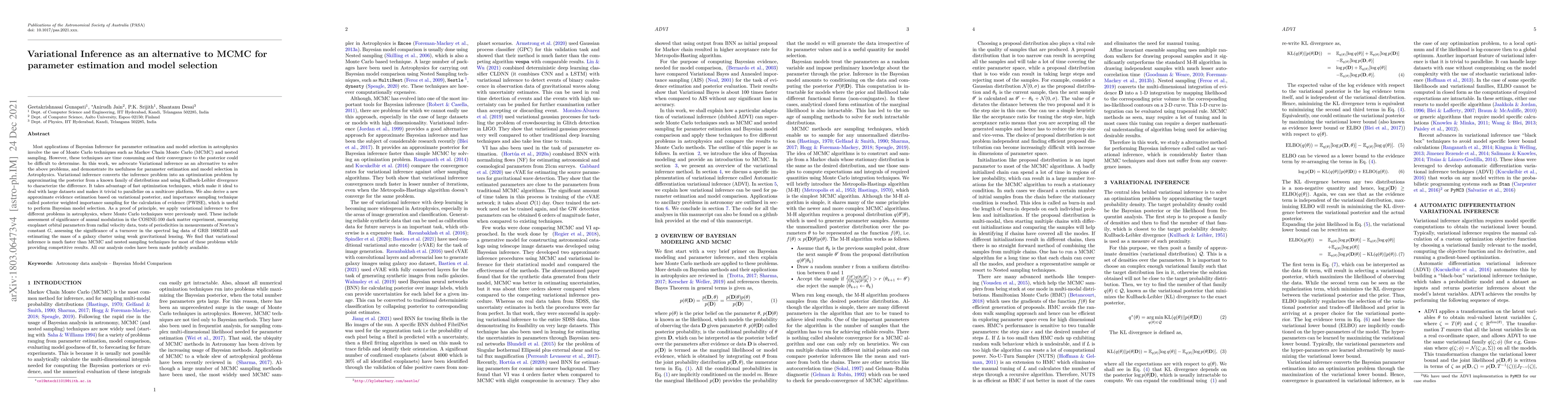 Thumbnail for Variational Inference as an alternative to MCMC for parameter estimation
  and model selection