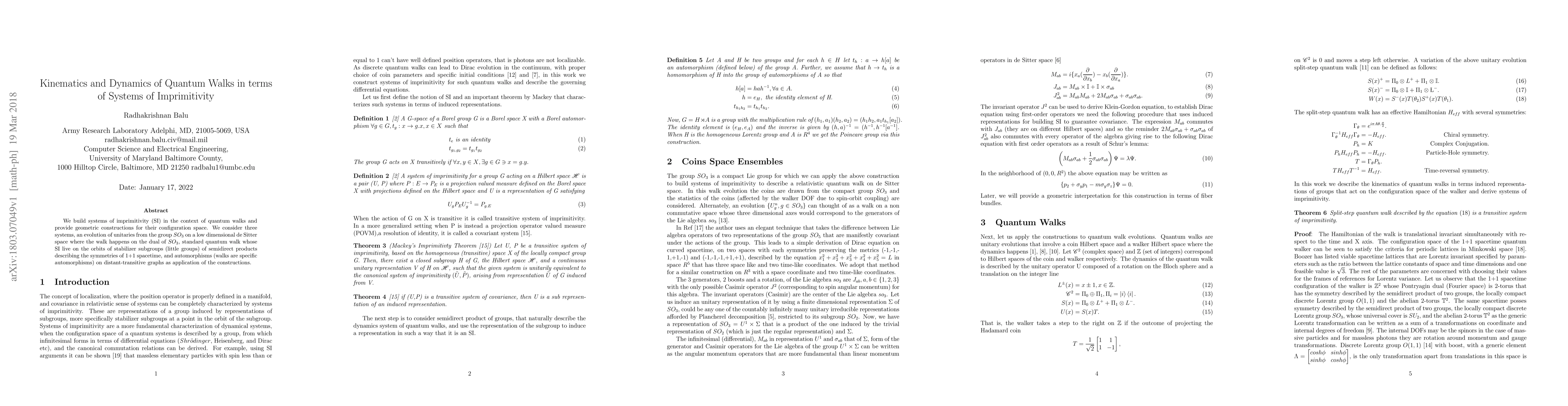 Thumbnail for Kinematics and Dynamics of Quantum Walks in terms of Systems of
  Imprimitivity