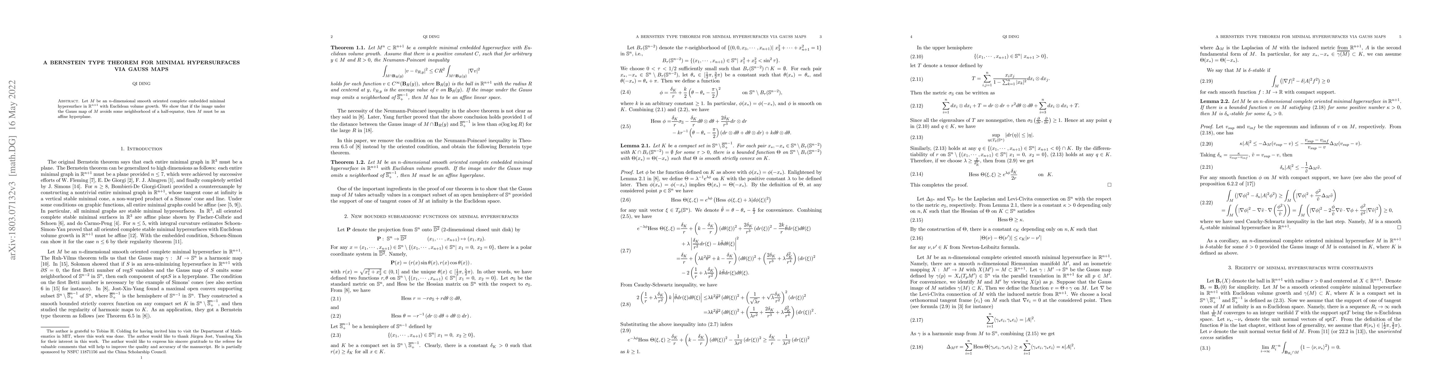 Thumbnail for A Bernstein type theorem for minimal hypersurfaces via Gauss maps
