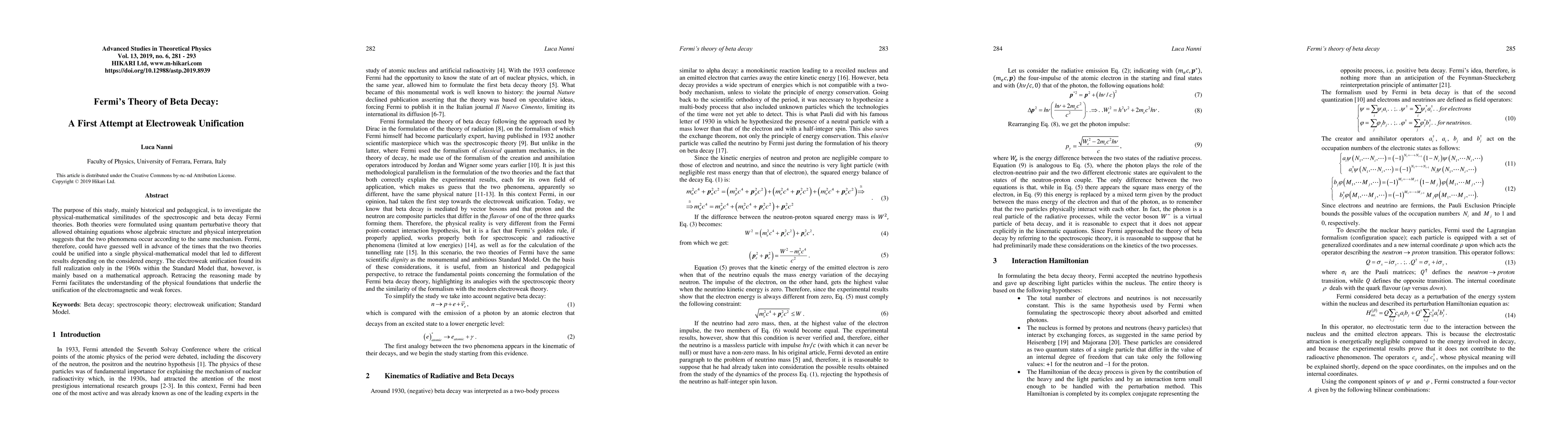 Thumbnail for Fermi theory of beta decay: A first attempt at electroweak unification