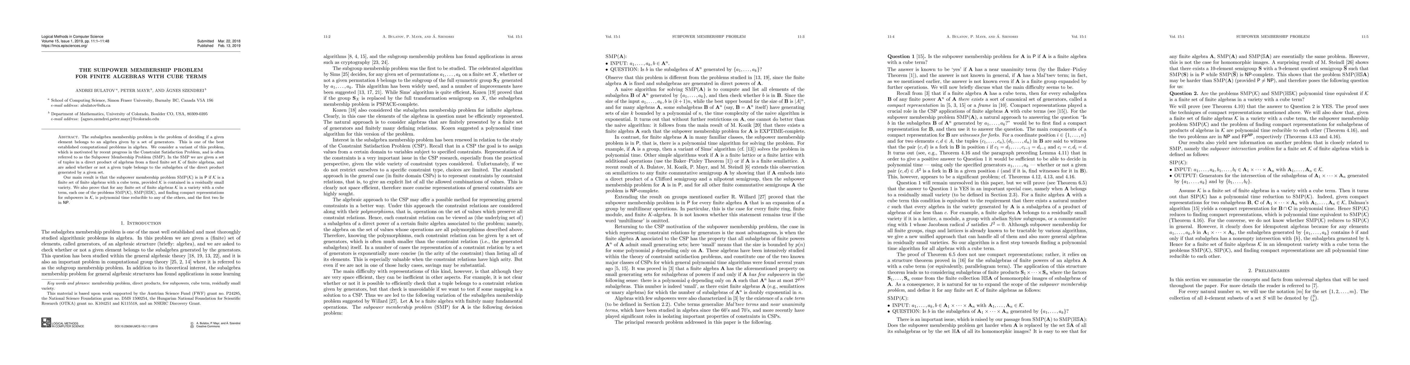 Thumbnail for The Subpower Membership Problem for Finite Algebras with Cube Terms