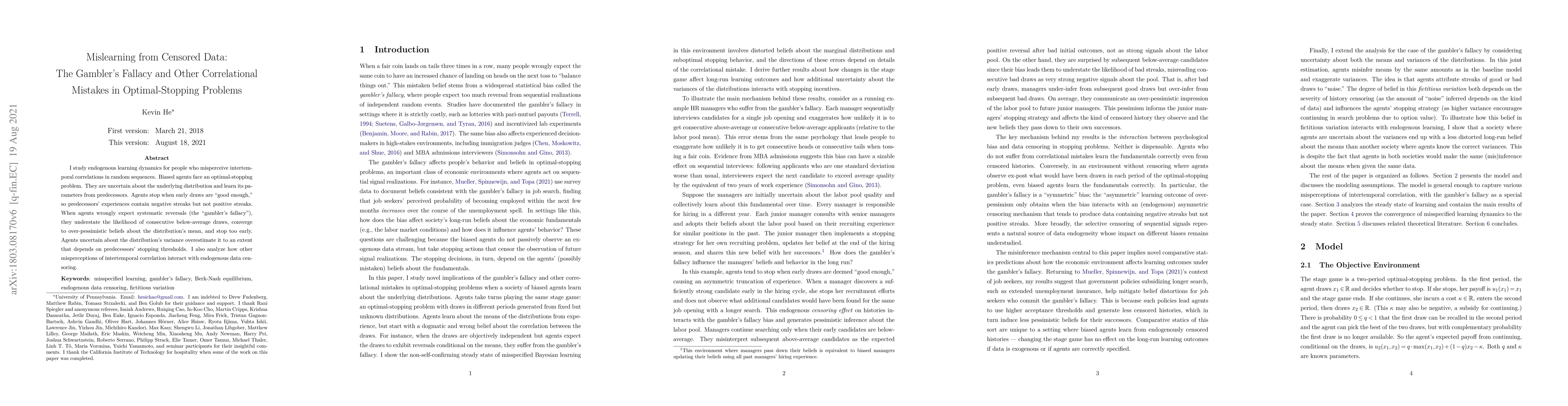 Thumbnail for Mislearning from Censored Data: The Gambler's Fallacy and Other
  Correlational Mistakes in Optimal-Stopping Problems