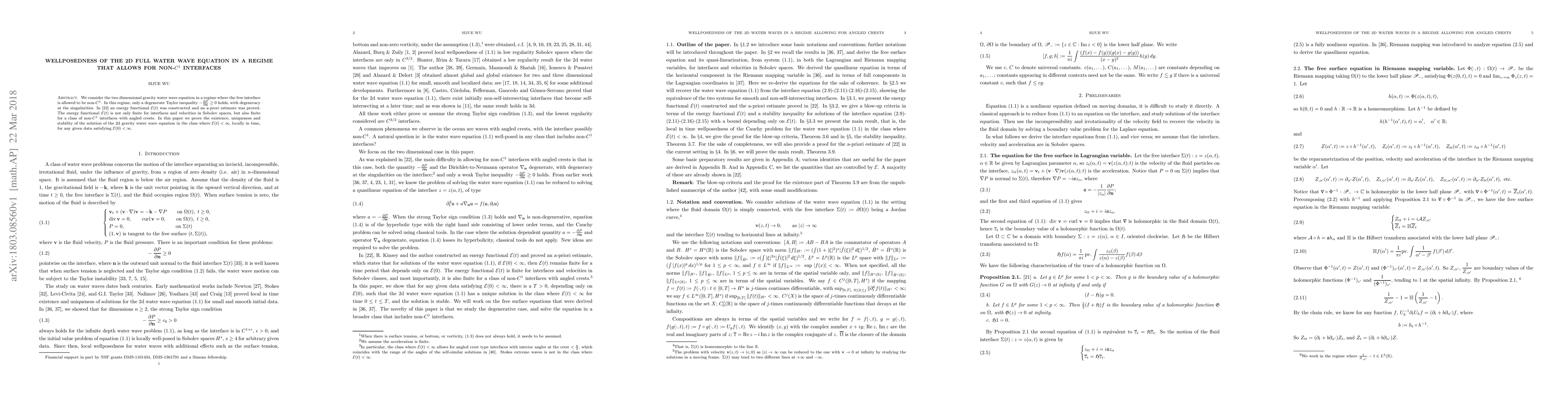 Thumbnail for Wellposedness of the 2D full water wave equation in a regime that allows
  for non-$C^1$ interfaces