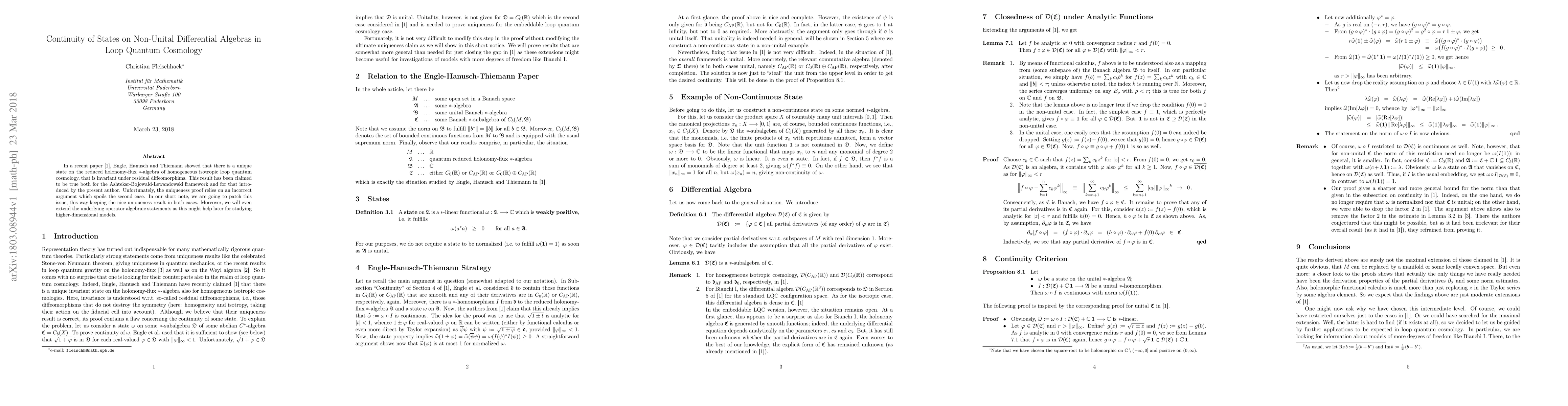Thumbnail for Continuity of States on Non-Unital Differential Algebras in Loop Quantum
  Cosmology