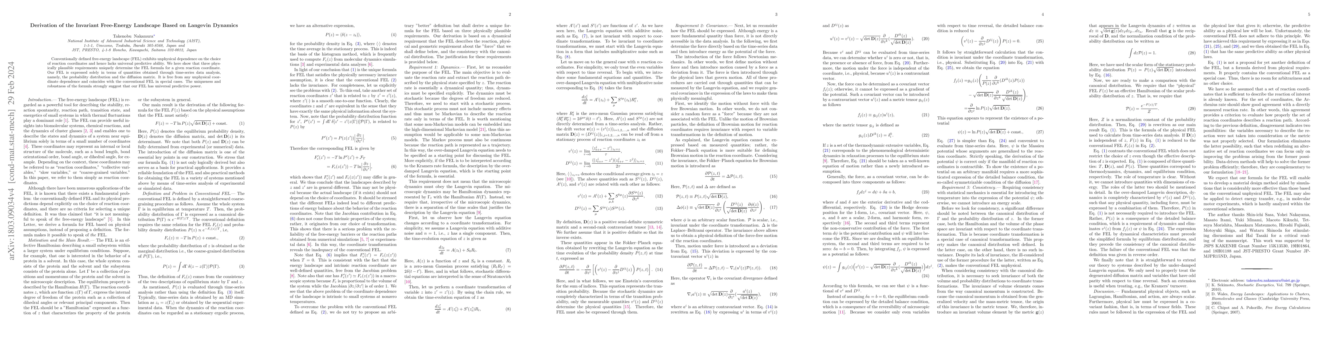 Thumbnail for Derivation of the Invariant Free-Energy Landscape Based on Langevin
  Dynamics