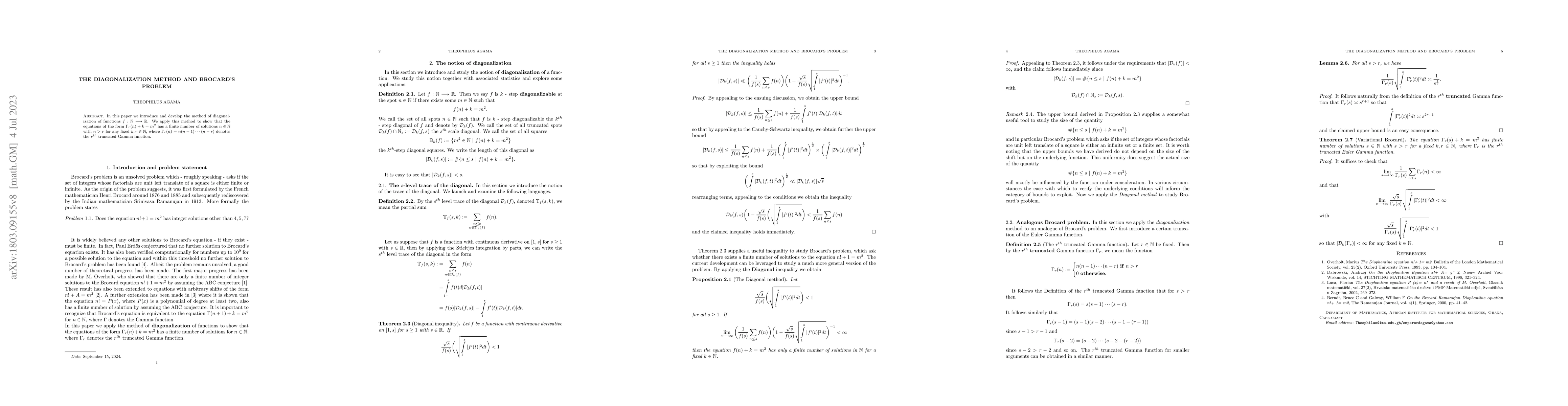 Thumbnail for The diagonalization method and Brocard's problem