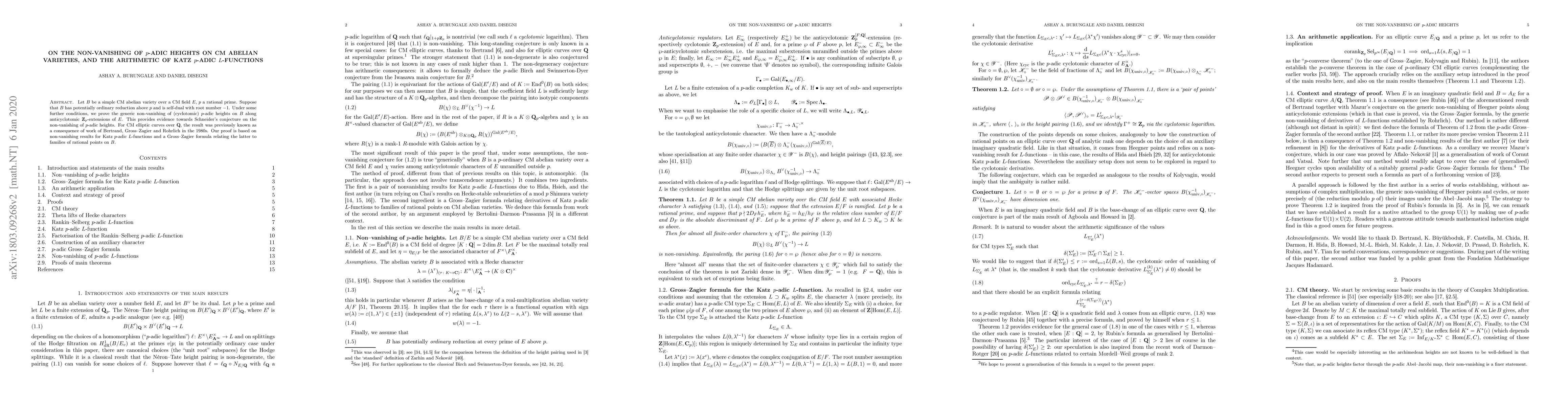 Thumbnail for On the non-vanishing of $p$-adic heights on CM abelian varieties, and
  the arithmetic of Katz $p$-adic $L$-functions