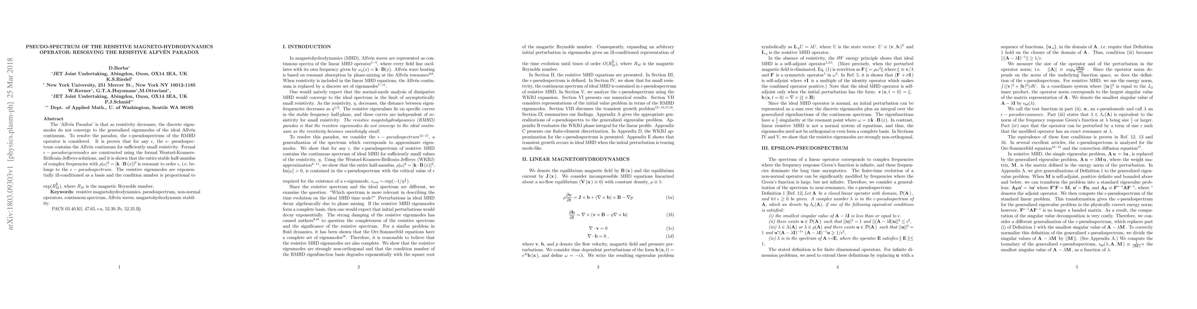 Thumbnail for Pseudo-Spectrum of the Resistive Magneto-hydrodynamics Operator:
  Resolving the Resistive Alfven Paradox
