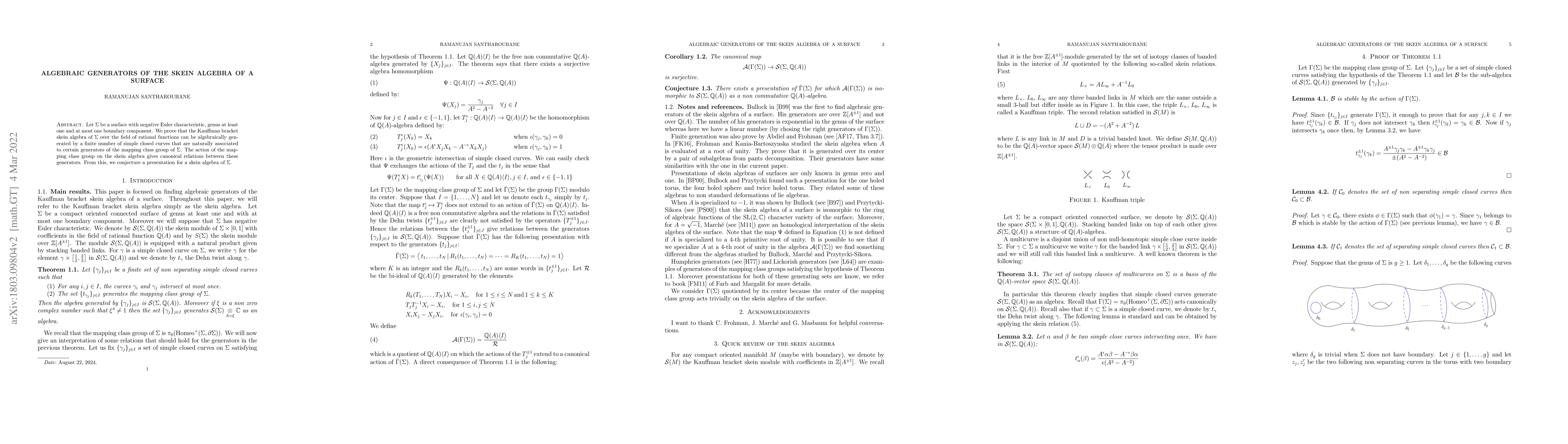 Thumbnail for Algebraic generators of the skein algebra of a surface