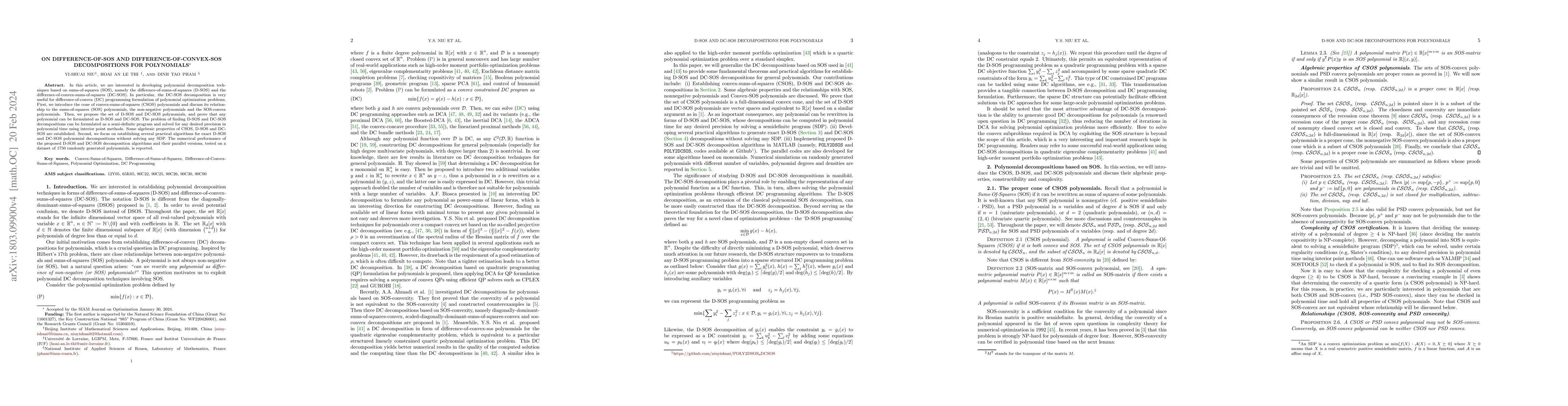 Thumbnail for On Difference-of-SOS and Difference-of-Convex-SOS Decompositions for
  Polynomials