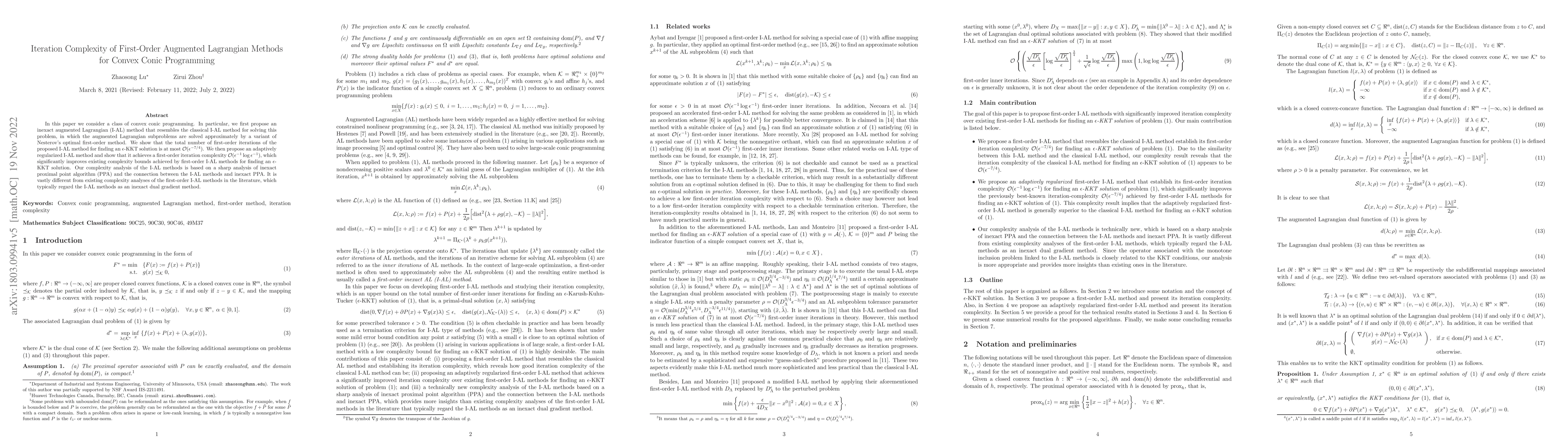 Thumbnail for Iteration complexity of first-order augmented Lagrangian methods for
  convex conic programming