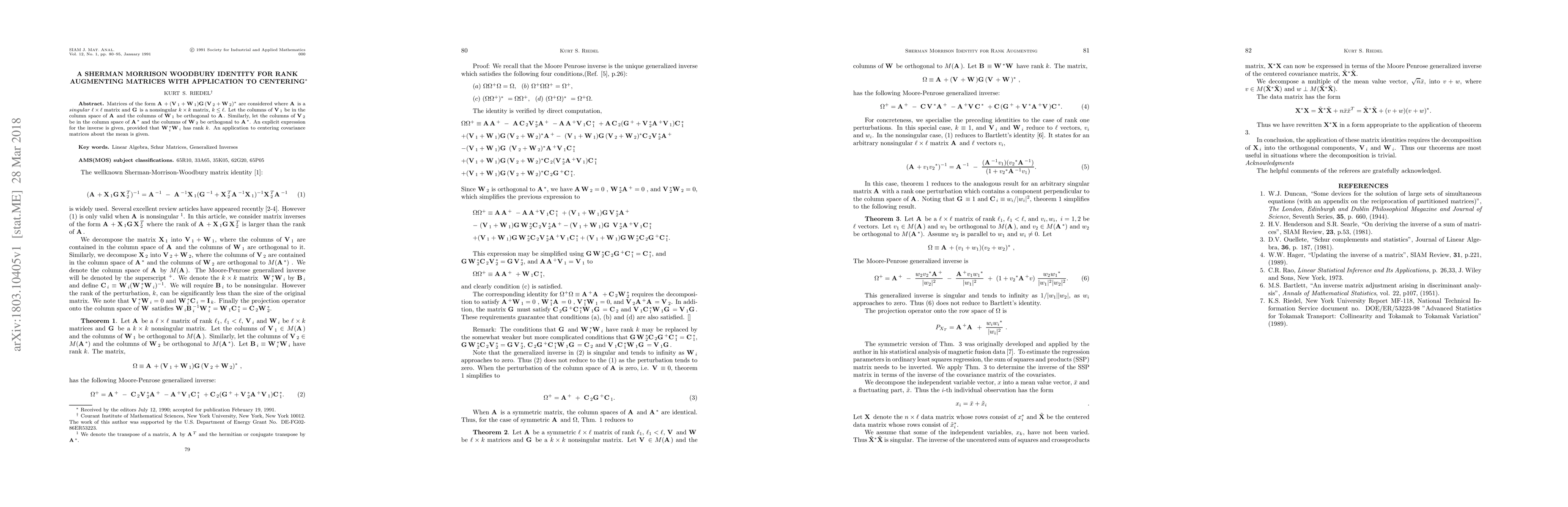 Thumbnail for A Sherman-Morrison-Woodbury Identity for Rank Augmenting Matrices with
  Application to Centering