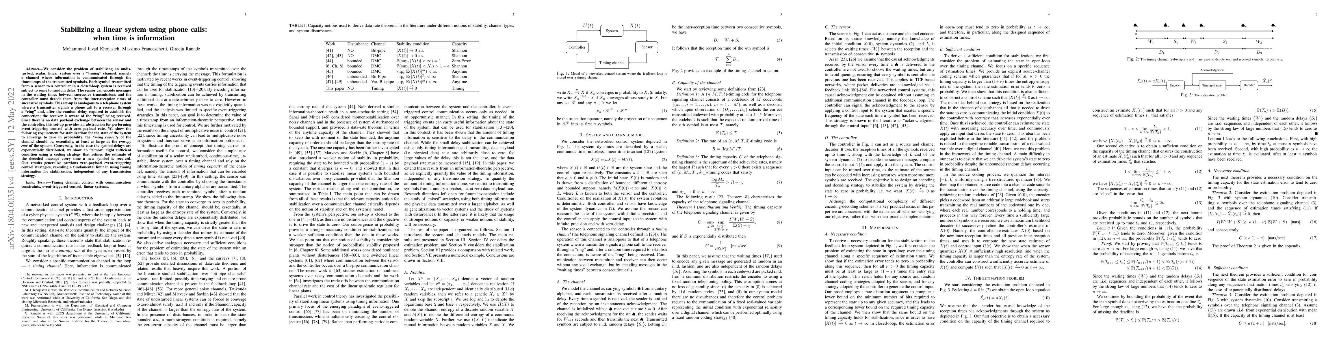 Thumbnail for Stabilizing a linear system using phone calls: when time is information