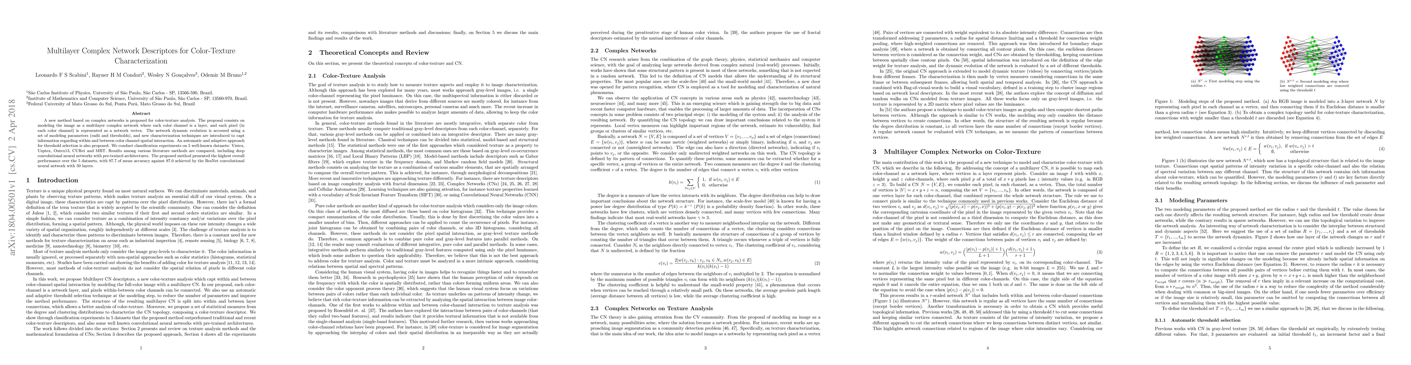 Thumbnail for Multilayer Complex Network Descriptors for Color-Texture
  Characterization