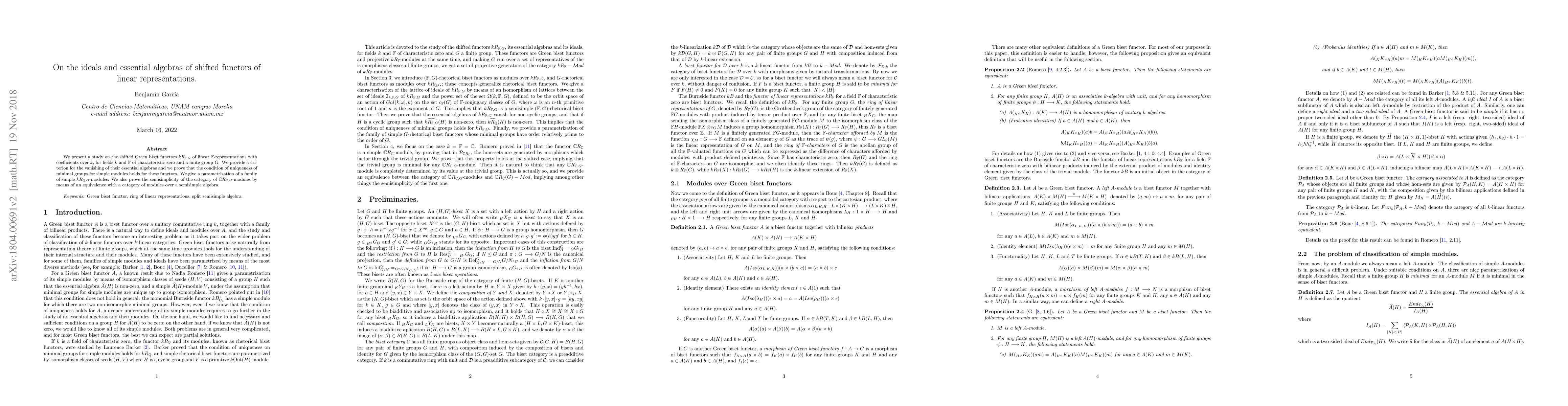 Thumbnail for On the ideals and essential algebras of shifted functors of linear
  representations