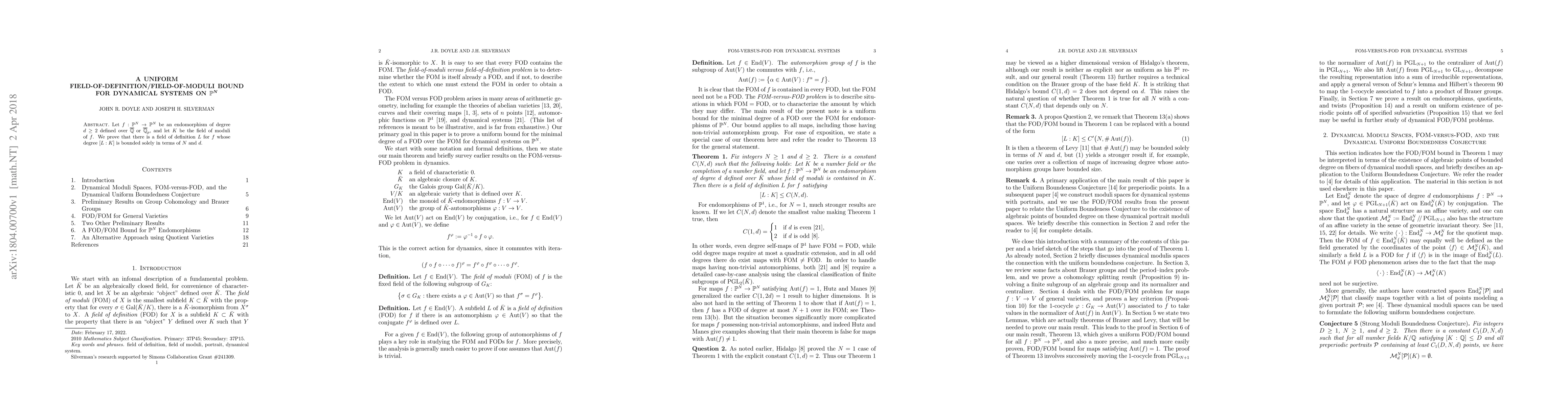 Thumbnail for A Uniform Field-of-Definition/Field-of-Moduli Bound for Dynamical
  Systems on $\mathbf{P}^N$