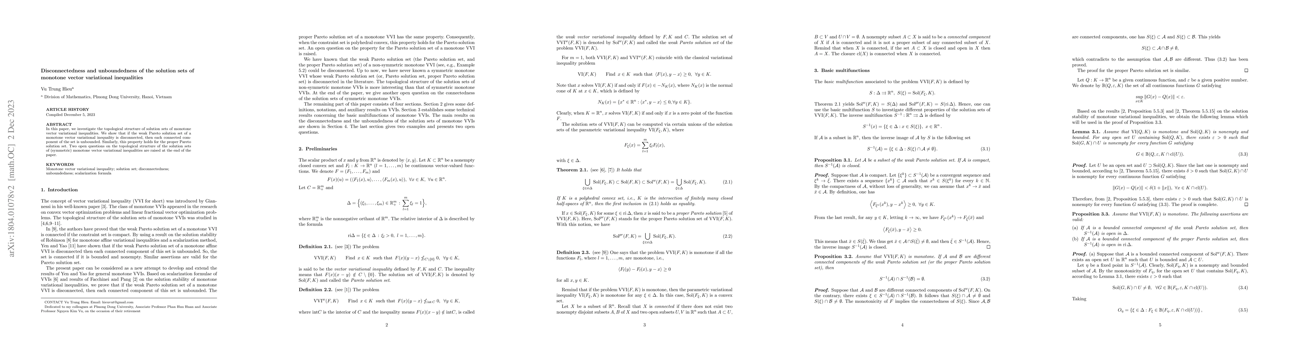 Thumbnail for Disconnectedness and unboundedness of the solution sets of monotone
  vector variational inequalities
