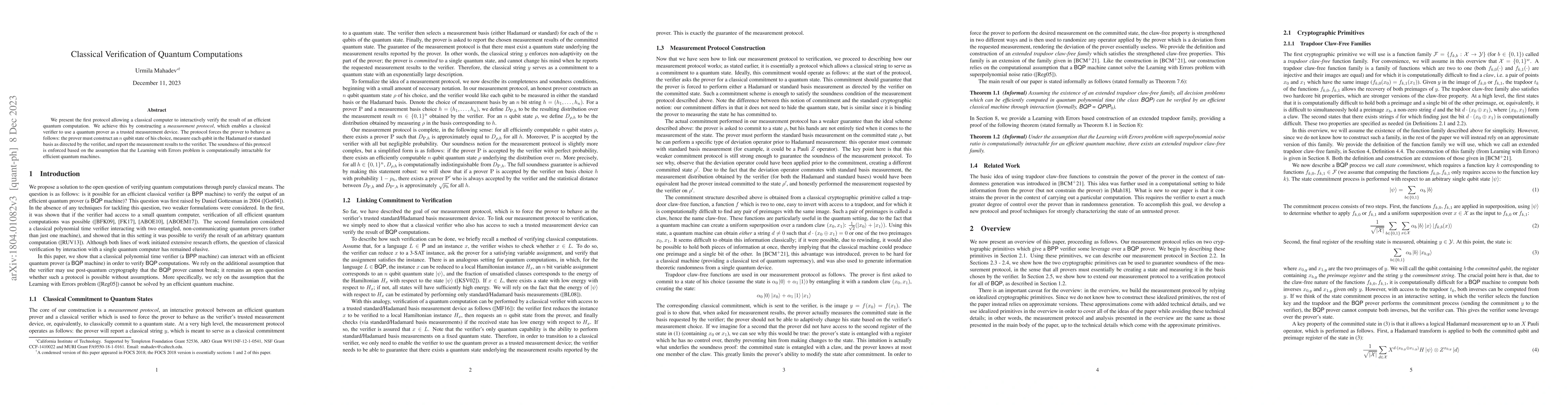 Thumbnail for Classical Verification of Quantum Computations