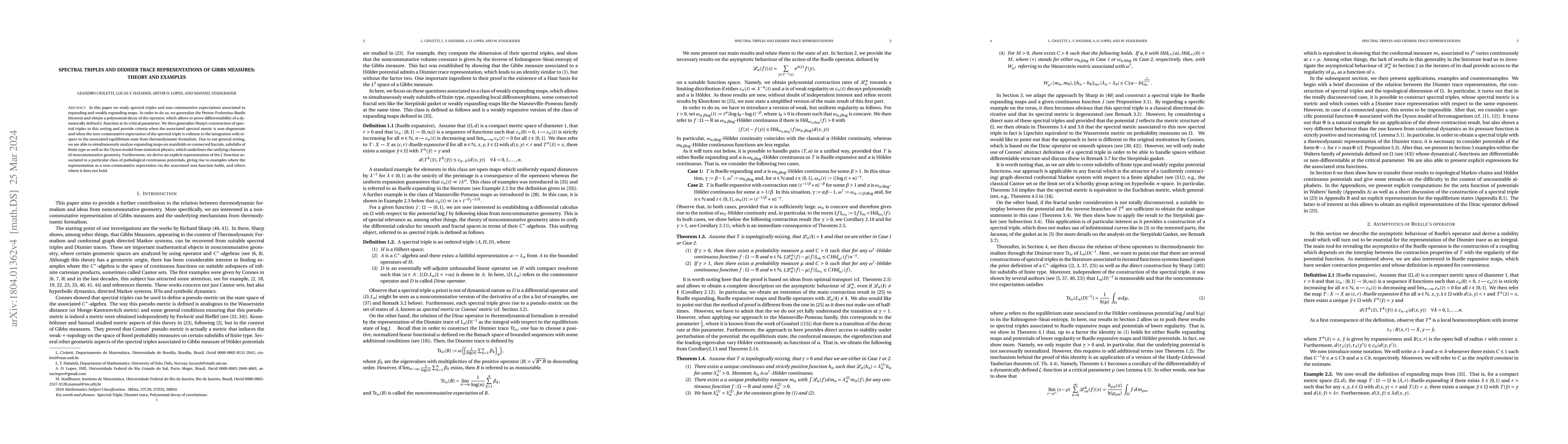 Thumbnail for Spectral Triples on Thermodynamic Formalism and Dixmier Trace
  Representations of Gibbs: theory and examples