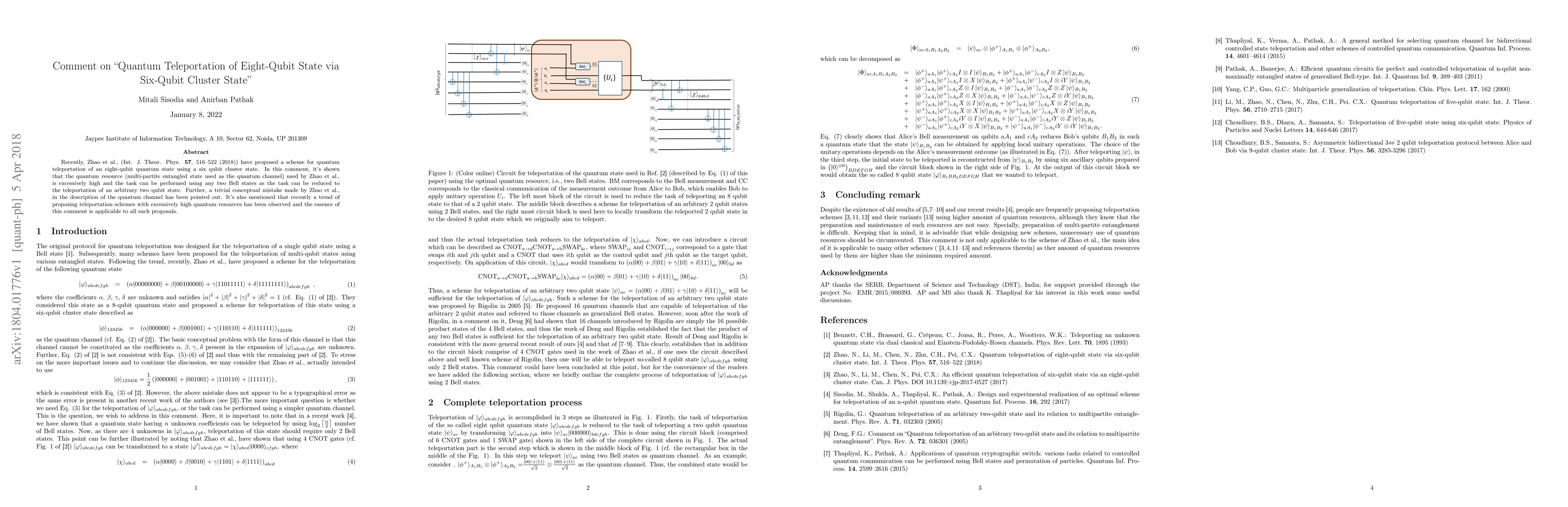Thumbnail for Comment on "Quantum Teleportation of Eight-Qubit State via Six-Qubit
  Cluster State"
