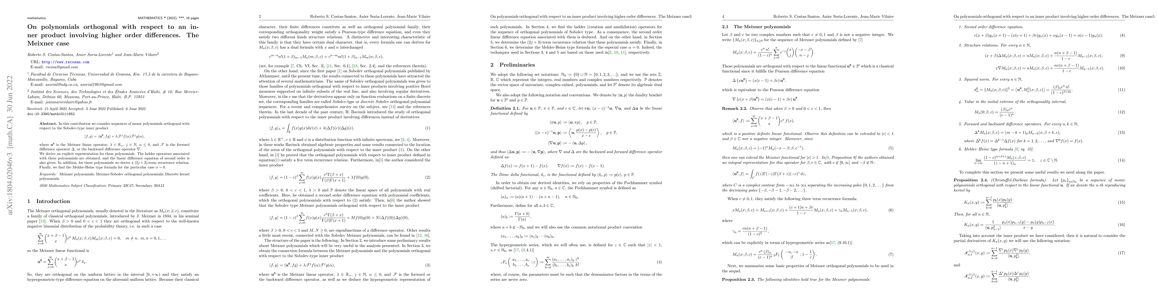 Thumbnail for On Polynomials Orthogonal with Respect to an Inner Product Involving
  Higher-Order Differences: The Meixner Case