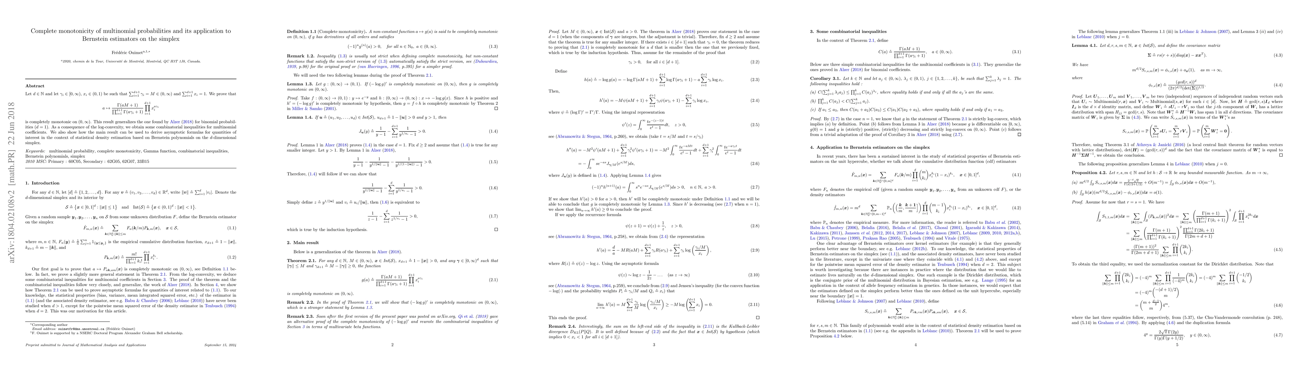 Thumbnail for Complete monotonicity of multinomial probabilities and its application
  to Bernstein estimators on the simplex