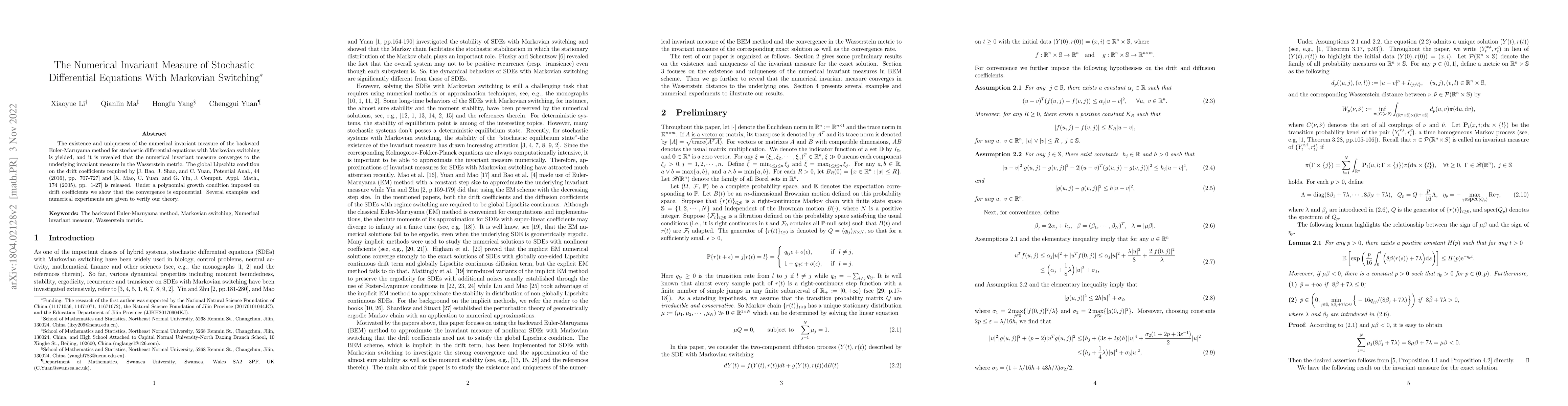 Thumbnail for The Numerical Invariant Measure of Stochastic Differential Equations
  With Markovian Switching