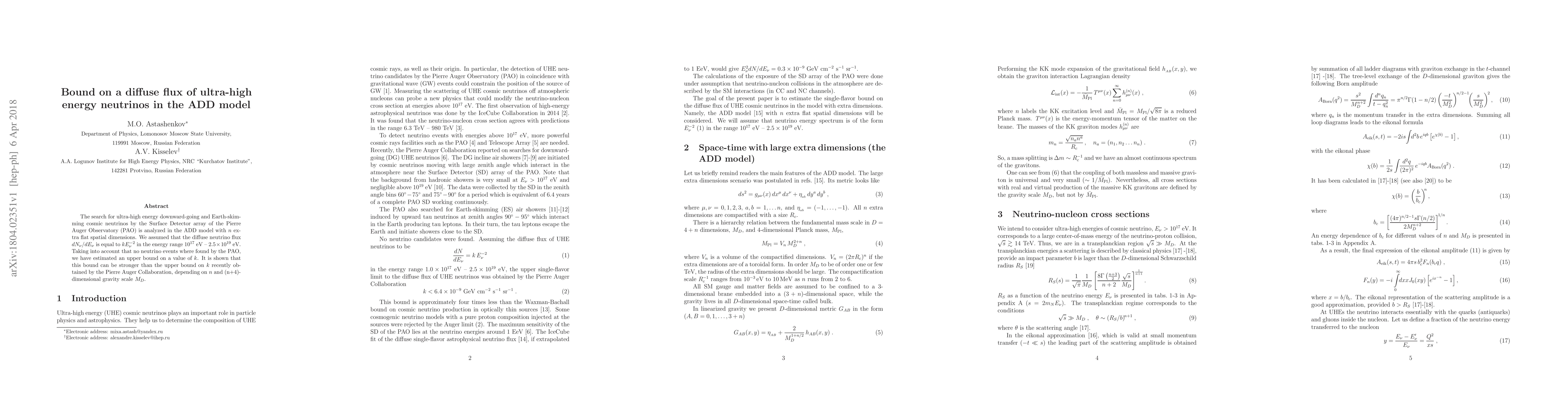 Thumbnail for Bound on a diffuse flux of ultra-high energy neutrinos in the ADD model