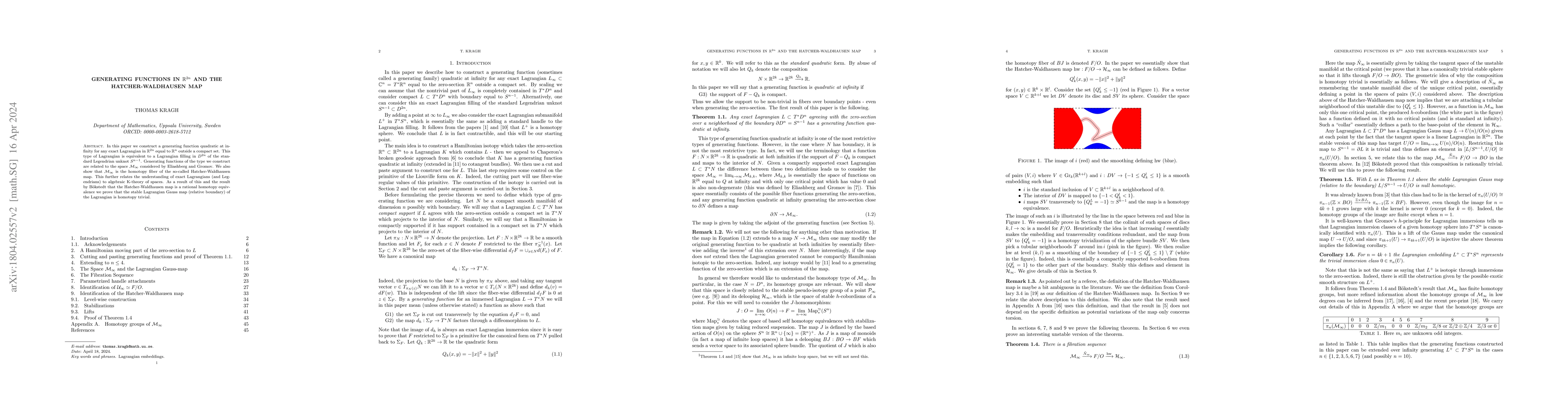 Thumbnail for Generating Functions in $\mathbb{R}^{2n}$ and the Hatcher-Waldhausen map