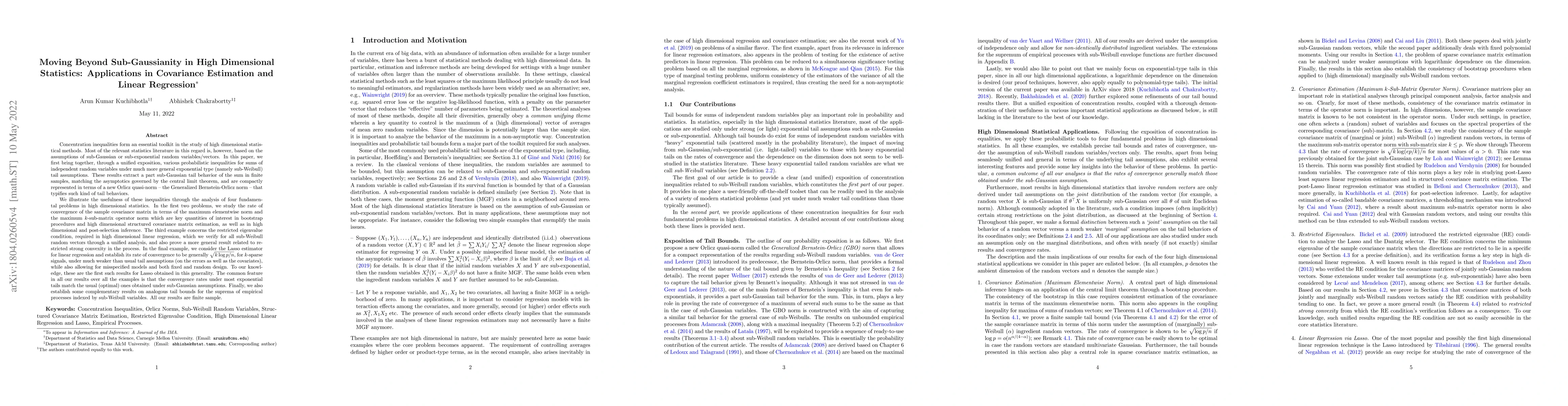 Thumbnail for Moving Beyond Sub-Gaussianity in High-Dimensional Statistics:
  Applications in Covariance Estimation and Linear Regression