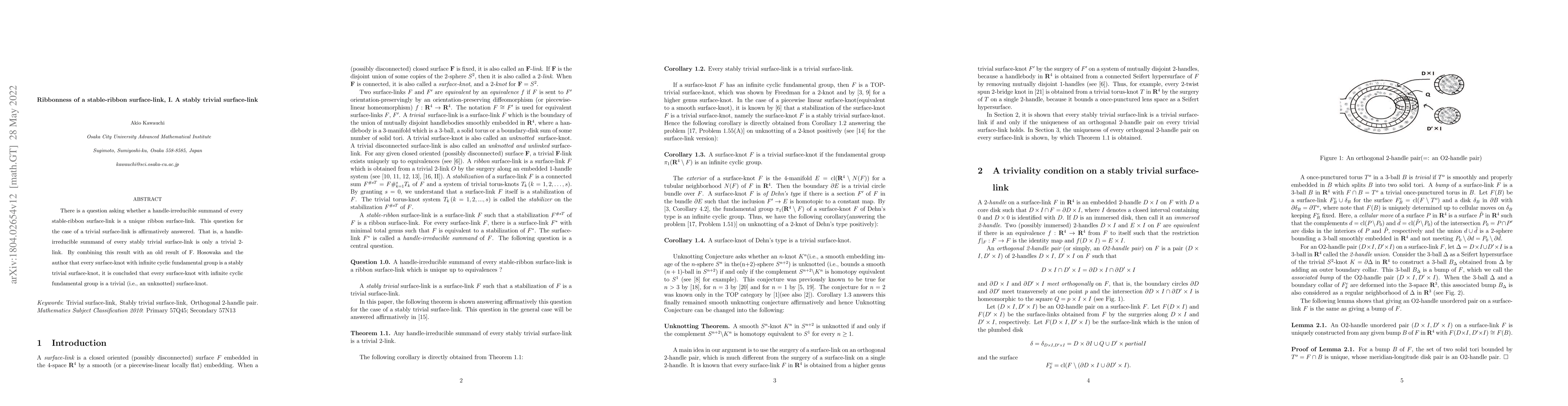 Thumbnail for Ribbonness of a stable-ribbon surface-link, I. A stably trivial
  surface-link