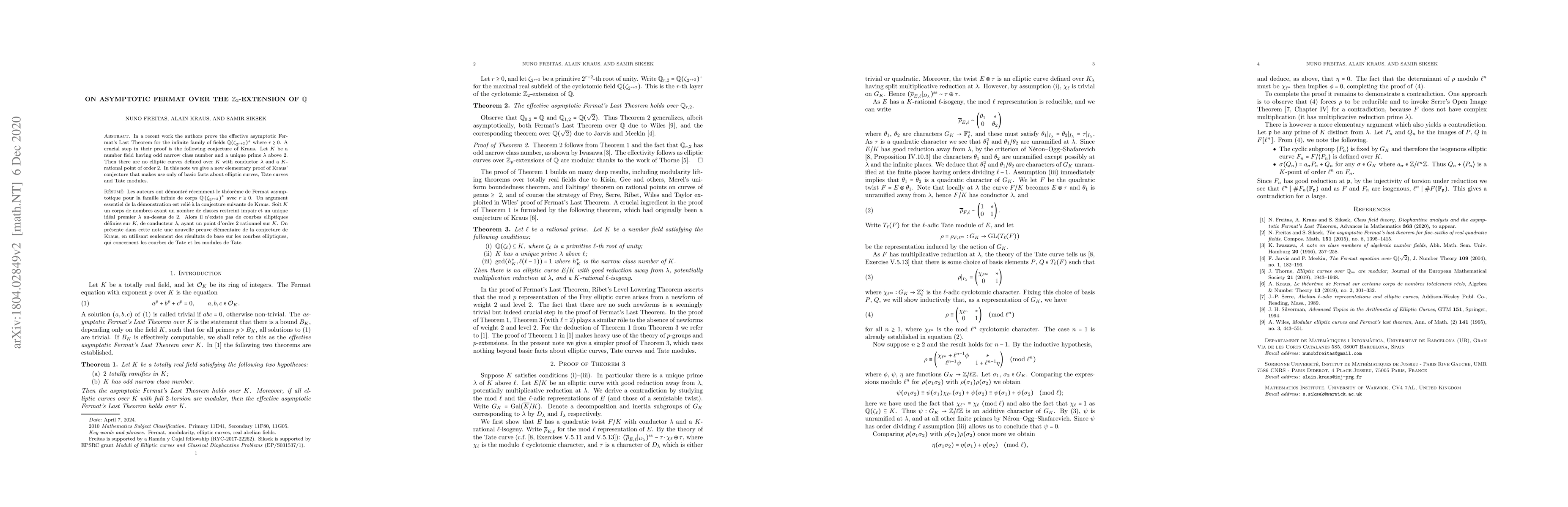 Thumbnail for On asymptotic Fermat over the Z_2 extension of Q