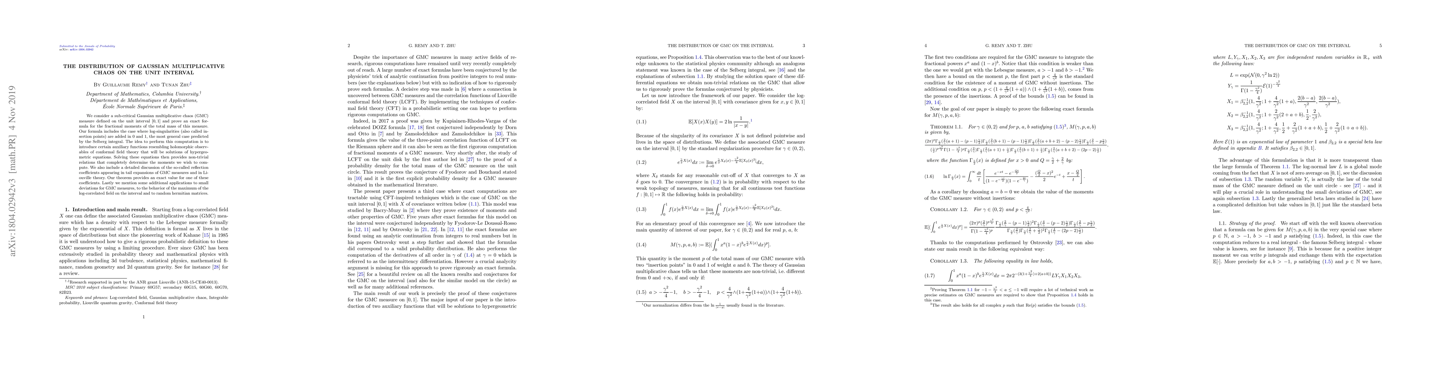 Thumbnail for The distribution of Gaussian multiplicative chaos on the unit interval