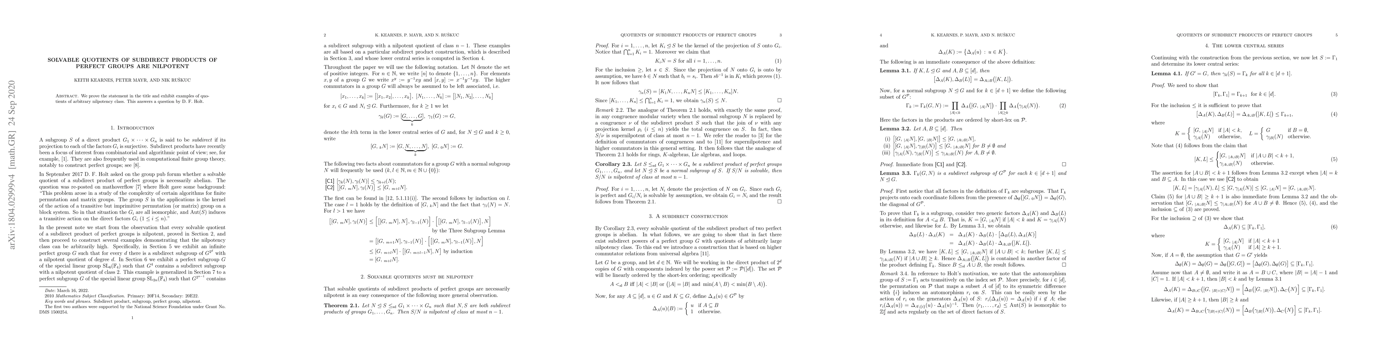 Thumbnail for Solvable quotients of subdirect products of perfect groups are nilpotent