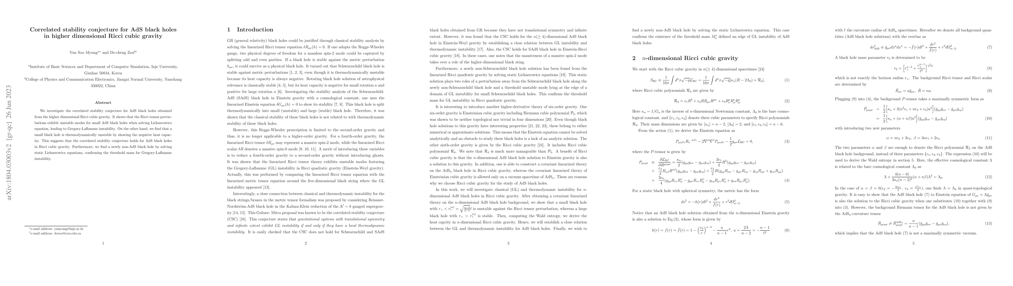 Thumbnail for Correlated stability conjecture for AdS black holes in higher
  dimensional Ricci cubic gravity
