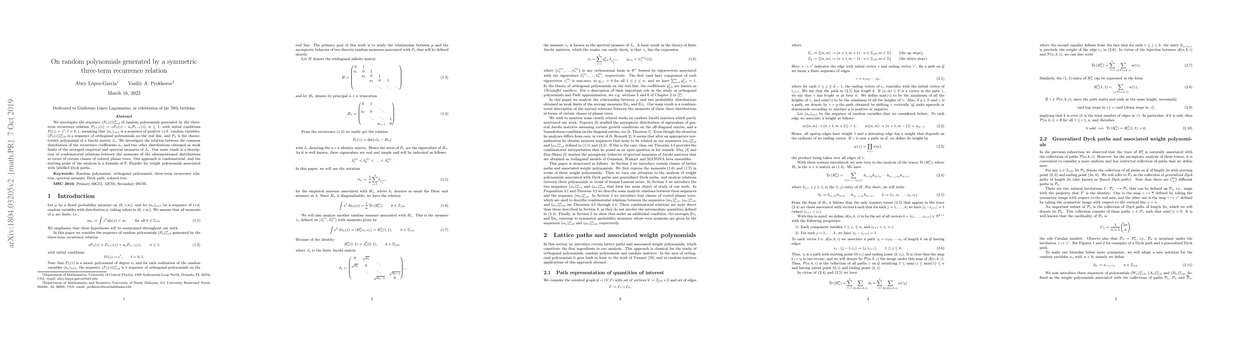 Thumbnail for On random polynomials generated by a symmetric three-term recurrence
  relation