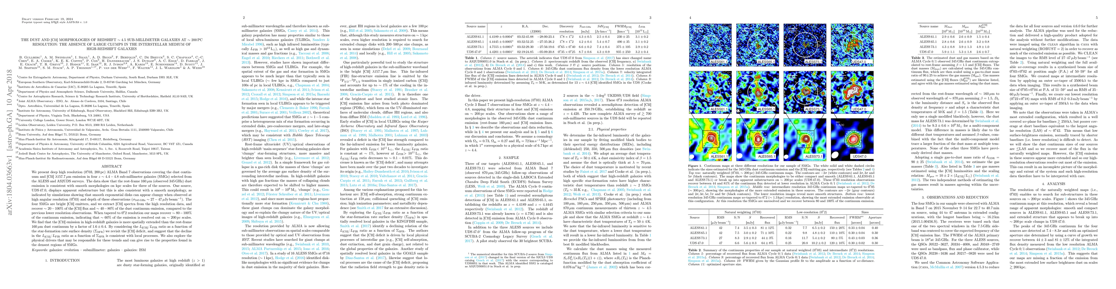 Thumbnail for The dust and [CII] morphologies of redshift ~4.5 sub-millimeter galaxies
  at ~200pc resolution: The absence of large clumps in the interstellar medium
  of high-redshift galaxies