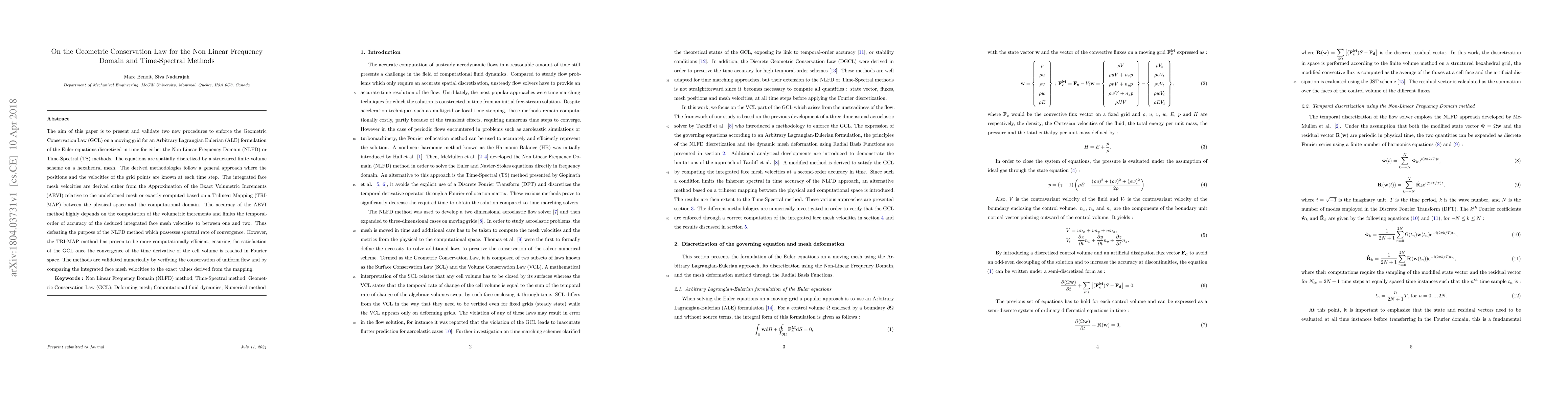 Thumbnail for On the Geometric Conservation Law for the Non Linear Frequency Domain
  and Time-Spectral Methods