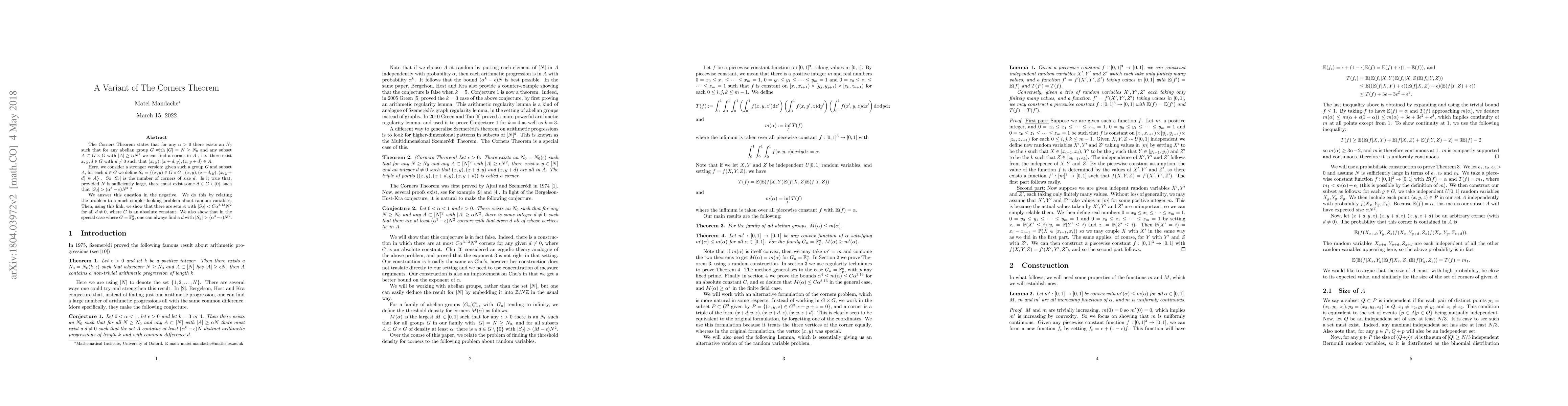 Thumbnail for A Variant of The Corners Theorem