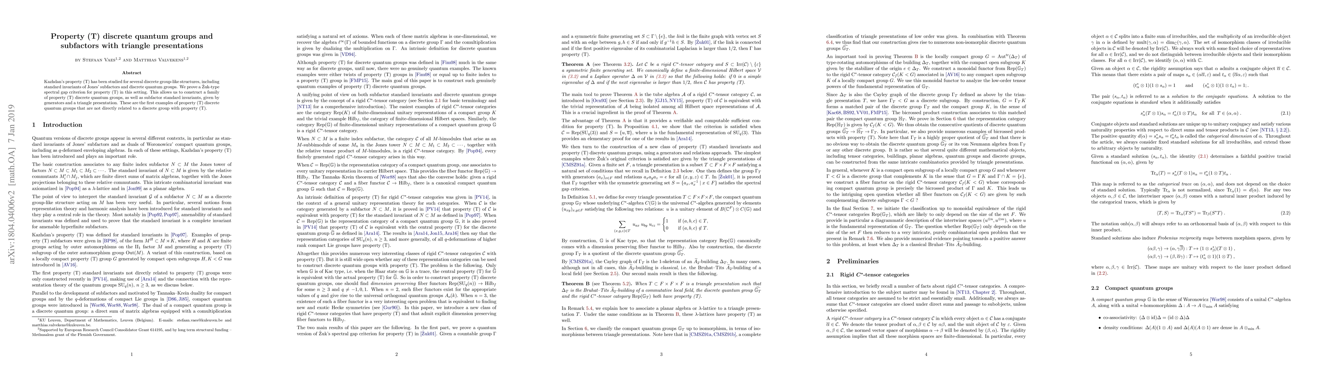 Thumbnail for Property (T) discrete quantum groups and subfactors with triangle
  presentations