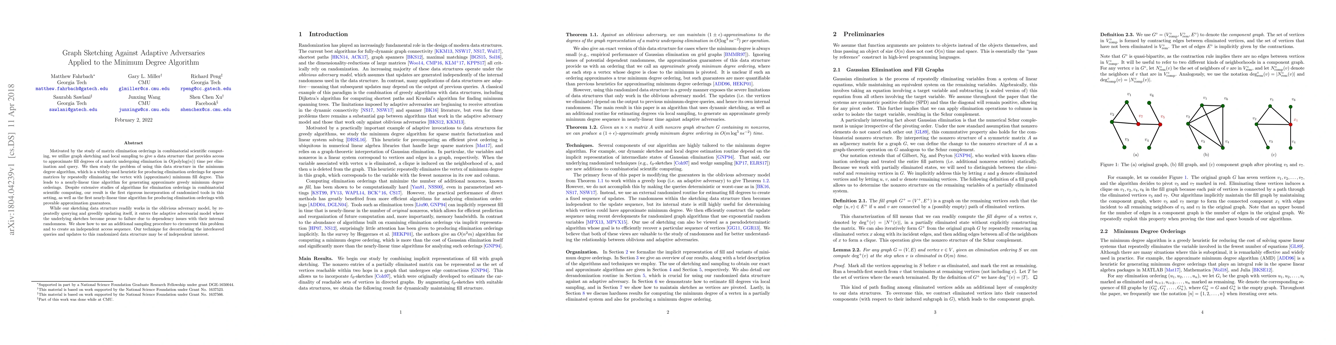 Thumbnail for Graph Sketching Against Adaptive Adversaries Applied to the Minimum
  Degree Algorithm