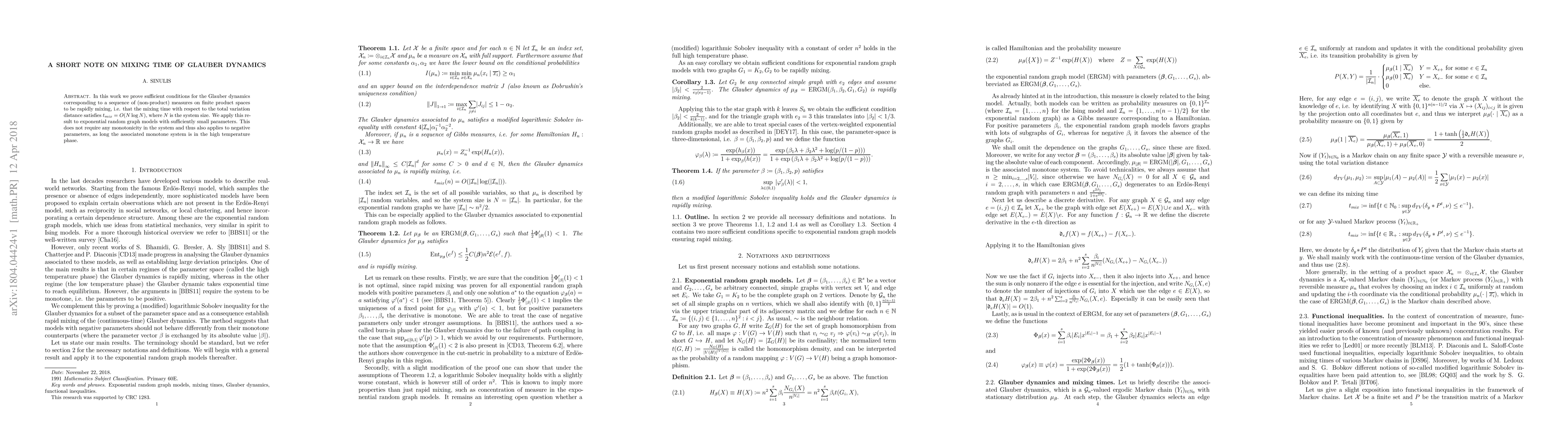 Thumbnail for Mixing times of Glauber dynamics via entropy methods