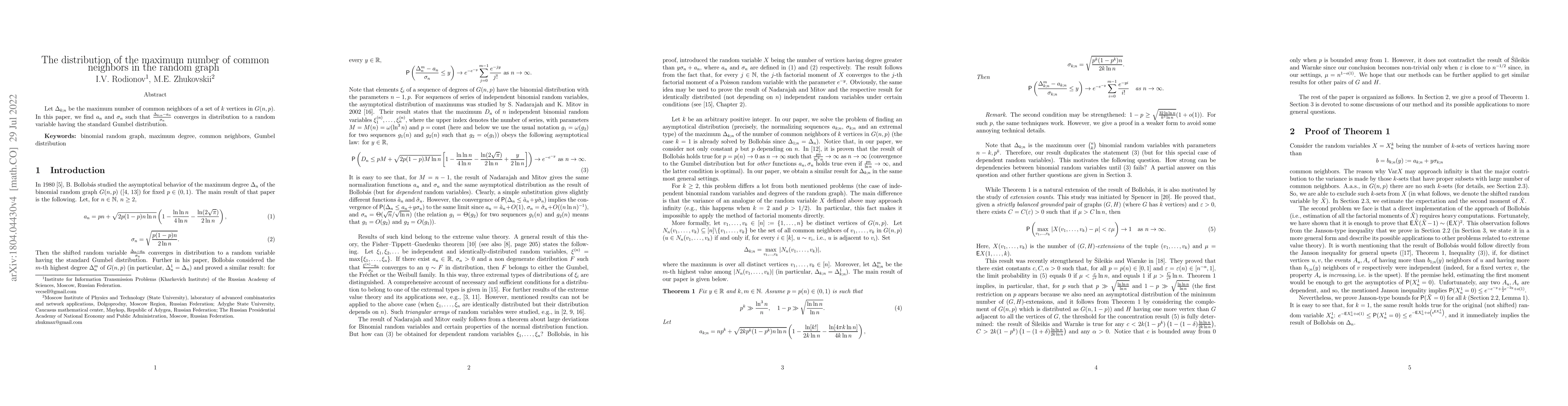 Thumbnail for The distribution of the maximum number of common neighbors in the random
  graph