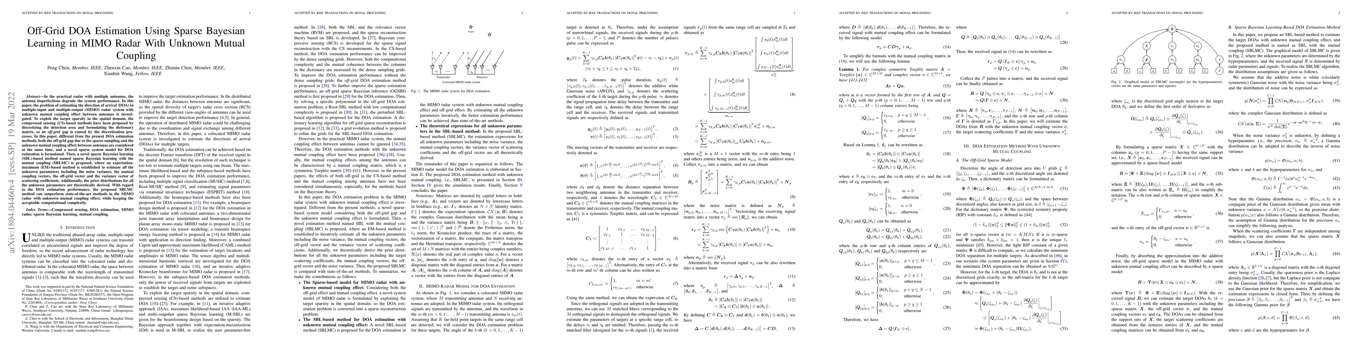 Thumbnail for Off-Grid DOA Estimation Using Sparse Bayesian Learning in MIMO Radar
  With Unknown Mutual Coupling