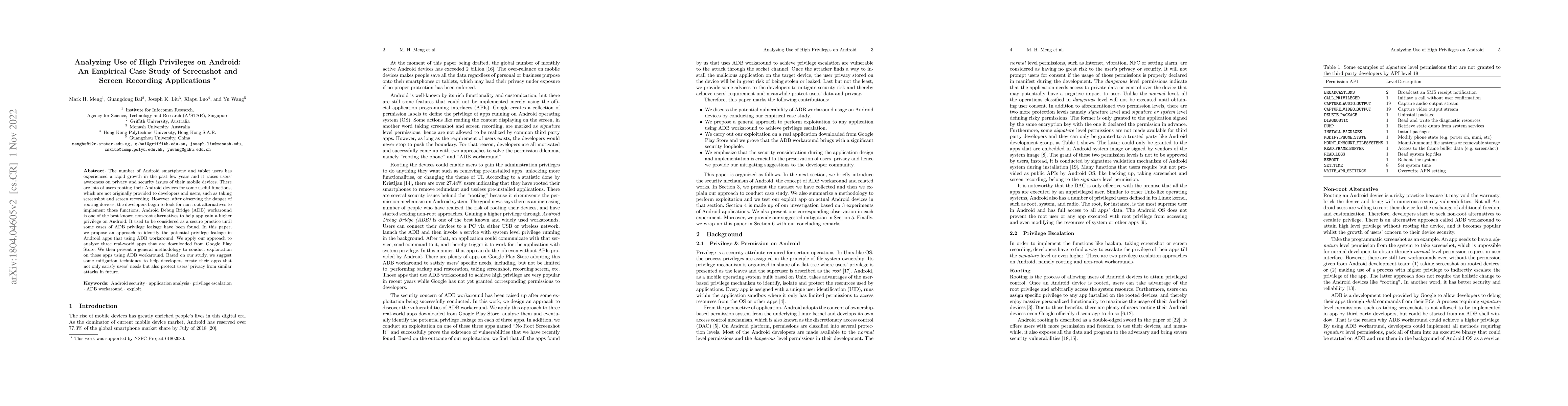 Thumbnail for Analyzing Use of High Privileges on Android: An Empirical Case Study of
  Screenshot and Screen Recording Applications