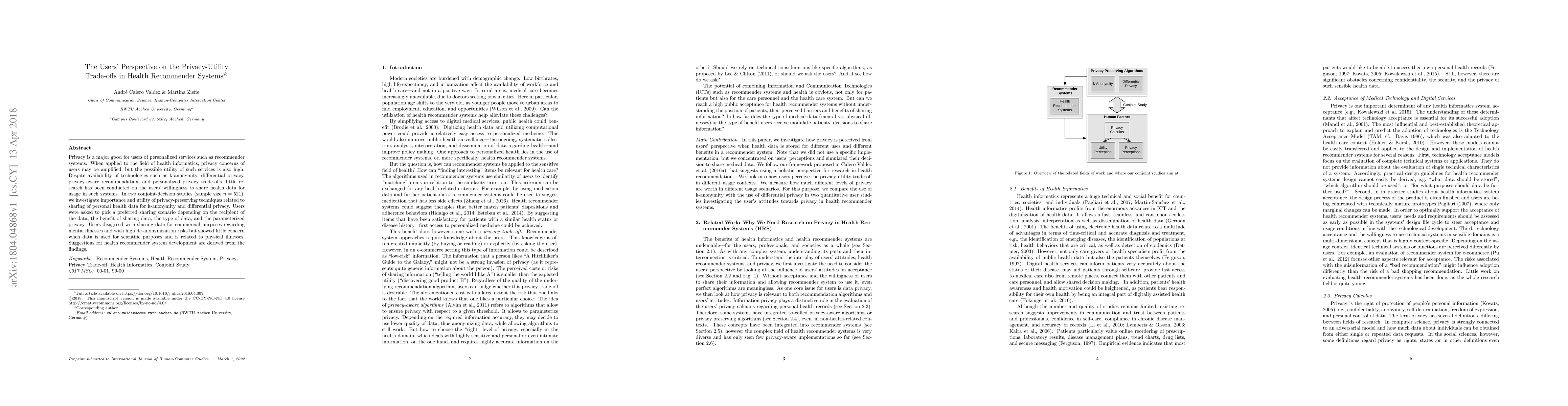 Thumbnail for The Users' Perspective on the Privacy-Utility Trade-offs in Health
  Recommender Systems
