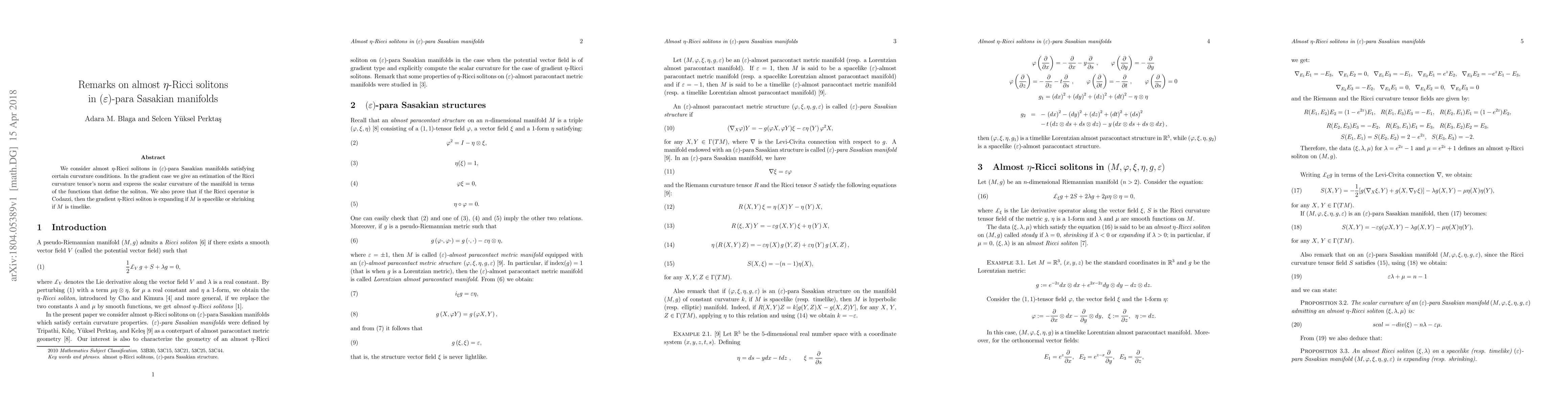 Thumbnail for Remarks on almost $\eta$-Ricci solitons in $(\varepsilon)$-para Sasakian
  manifolds