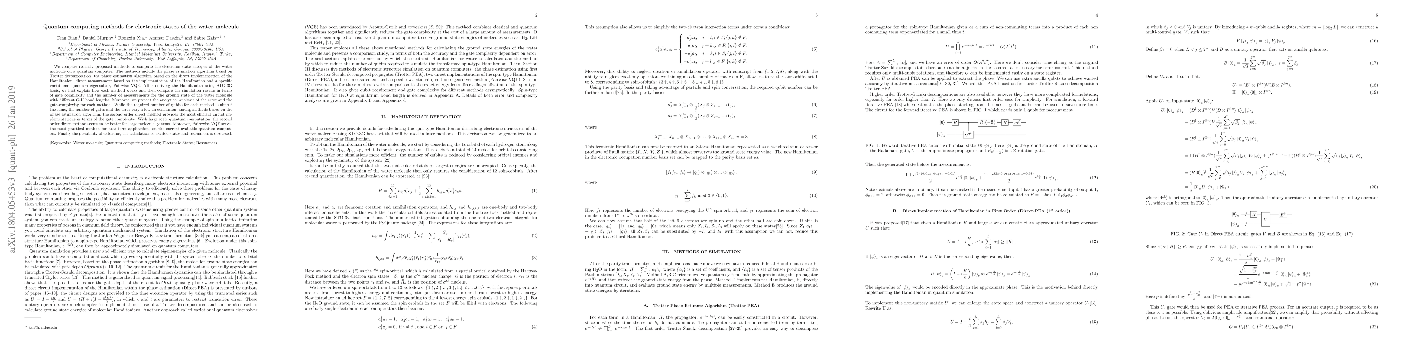 Thumbnail for Quantum computing methods for electronic states of the water molecule