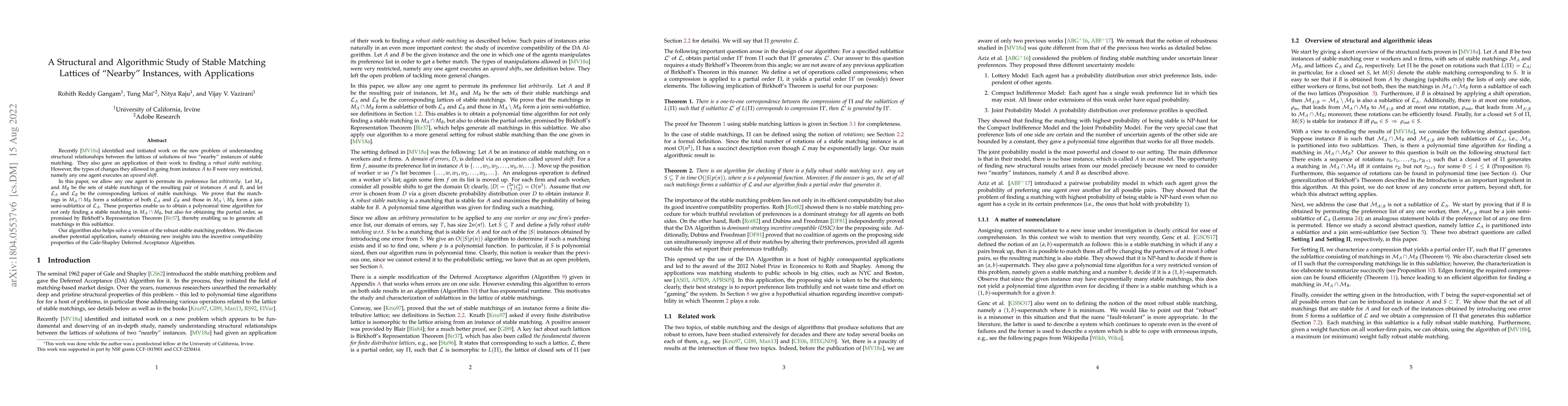 Thumbnail for A Structural and Algorithmic Study of Stable Matching Lattices of
  "Nearby" Instances, with Applications